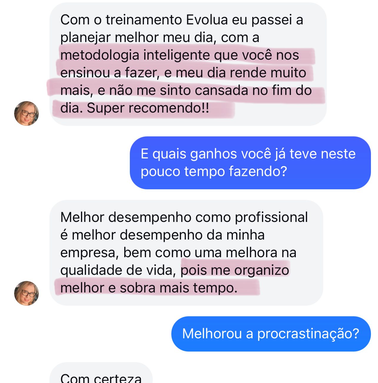 Mensagem de aluna sobre planejamento e desempenho profissional